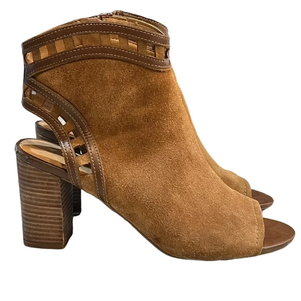 Franco Sarto 9.5 Greenwich Cognac Heeled Ankle Boots Booties Open Back Peep Toe - Picture 5 of 12